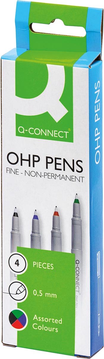 Q-Connect Ohp Marker, nicht permanent, fein, Set mit 4 Stück in verschiedenen Farben