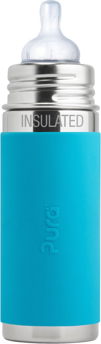 Pura Thermos-Trinksaugerflasche 260 ml – Thermoskanne – Thermosflasche – plastikfrei – mit Isolationswand – verhindert Magenkrämpfe – inklusive Silikon-Trinksauger, Reiseverschluss und Hülle – Aqua