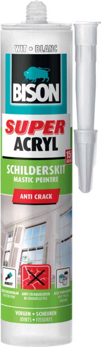 Bison Super Acryl Malerdichtstoff weiß Tube 300 ml, direkt überstreichbar, weiß, innen außen, dauerelastisch, dichtet Fugen, Nähte, Risse und Risse ab