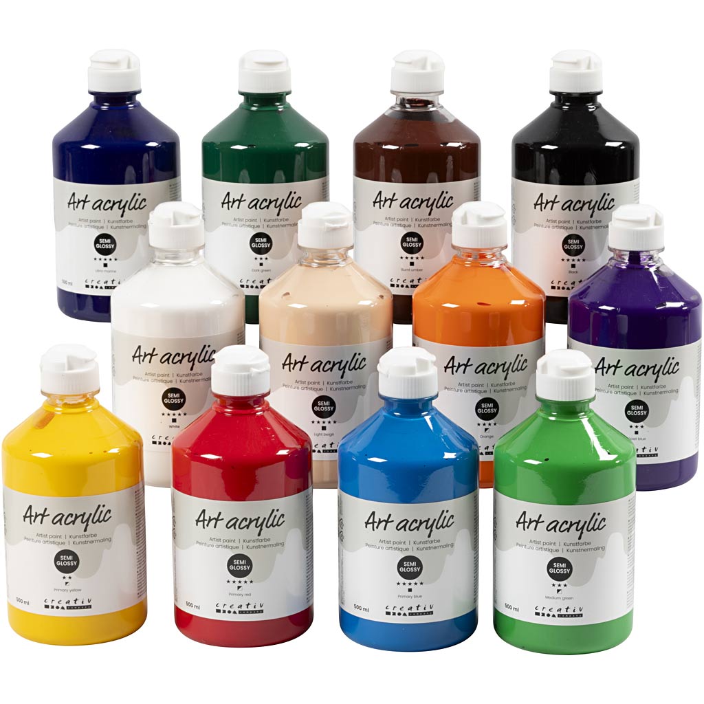 Creativ Company Acrylfarbe, halbglänzende, Standardfarben, 12x500 ml 1 Box