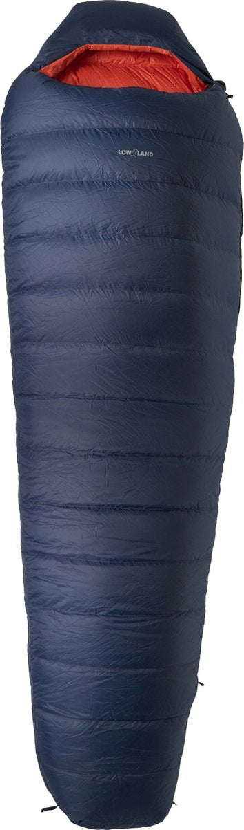 Lowland Outdoor – Kibo – 5 – Daunen-Mumienschlafsack – 5 °C – 1195 g – 225 x 80 cm – Marineblau-Orange
