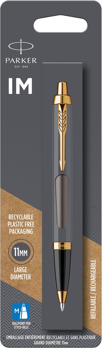 Parker im Kugelschreiber | graue Farbe mit goldenen Details | mittlerer Punkt | blaue Tinte