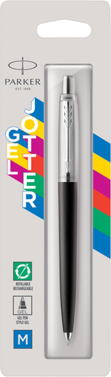 Parker Jotter Gelstift | Edelstahl und Schwarz | mittlere Spitze mit blauer Tinte (0,7 mm)