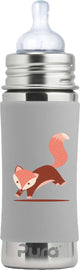 Pura Saugerflasche 325 ml – plastikfrei – Trinkflasche – verhindert Magenkrämpfe – spülmaschinenfest – inklusive Silikonsauger, Reiseverschluss und Sleeve – Oberteil austauschbar – vielseitig einsetzbar – Graufuchs