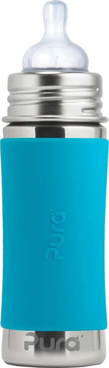 Pura Saugerflasche 325 ml – plastikfrei – Trinkflasche – verhindert Magenkrämpfe – spülmaschinenfest – inklusive Silikonsauger, Reiseverschluss und Sleeve – Oberteil austauschbar – vielseitig einsetzbar – Aqua
