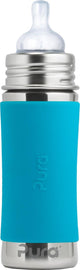 Pura Saugerflasche 325 ml – plastikfrei – Trinkflasche – verhindert Magenkrämpfe – spülmaschinenfest – inklusive Silikonsauger, Reiseverschluss und Sleeve – Oberteil austauschbar – vielseitig einsetzbar – Aqua