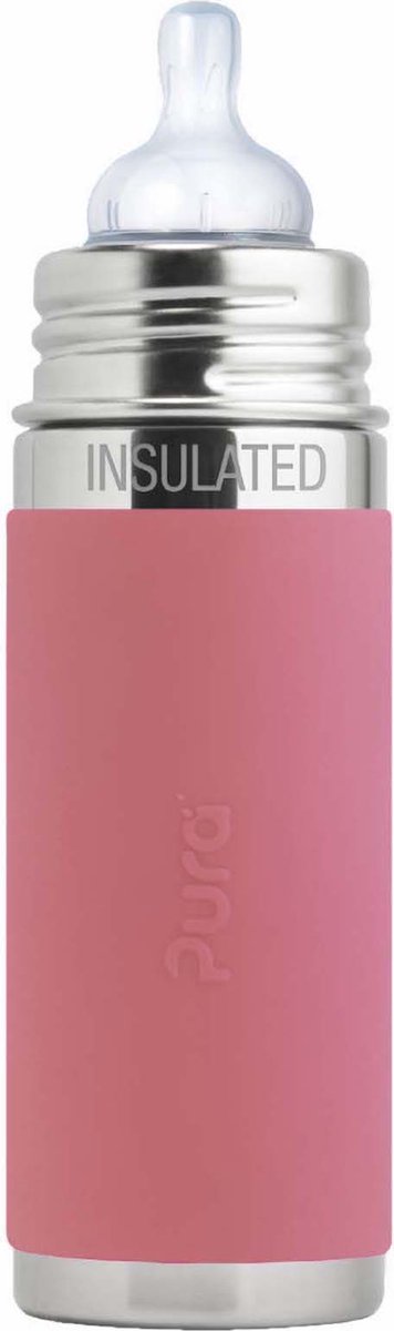 Pura Thermos-Trinksaugerflasche 260 ml – Thermoskanne – Thermosflasche – plastikfrei – mit Isolationswand – verhindert Magenkrämpfe – inklusive Silikonsauger, Reiseverschluss und Hülle – rosa