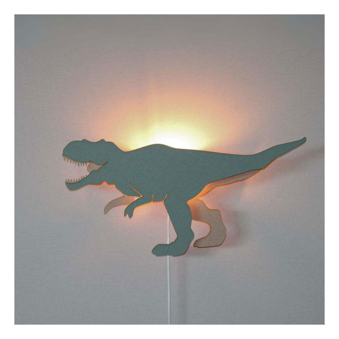 Aus Tjalle und Jaspis – Dino-Wandleuchte T-Rex – Holz