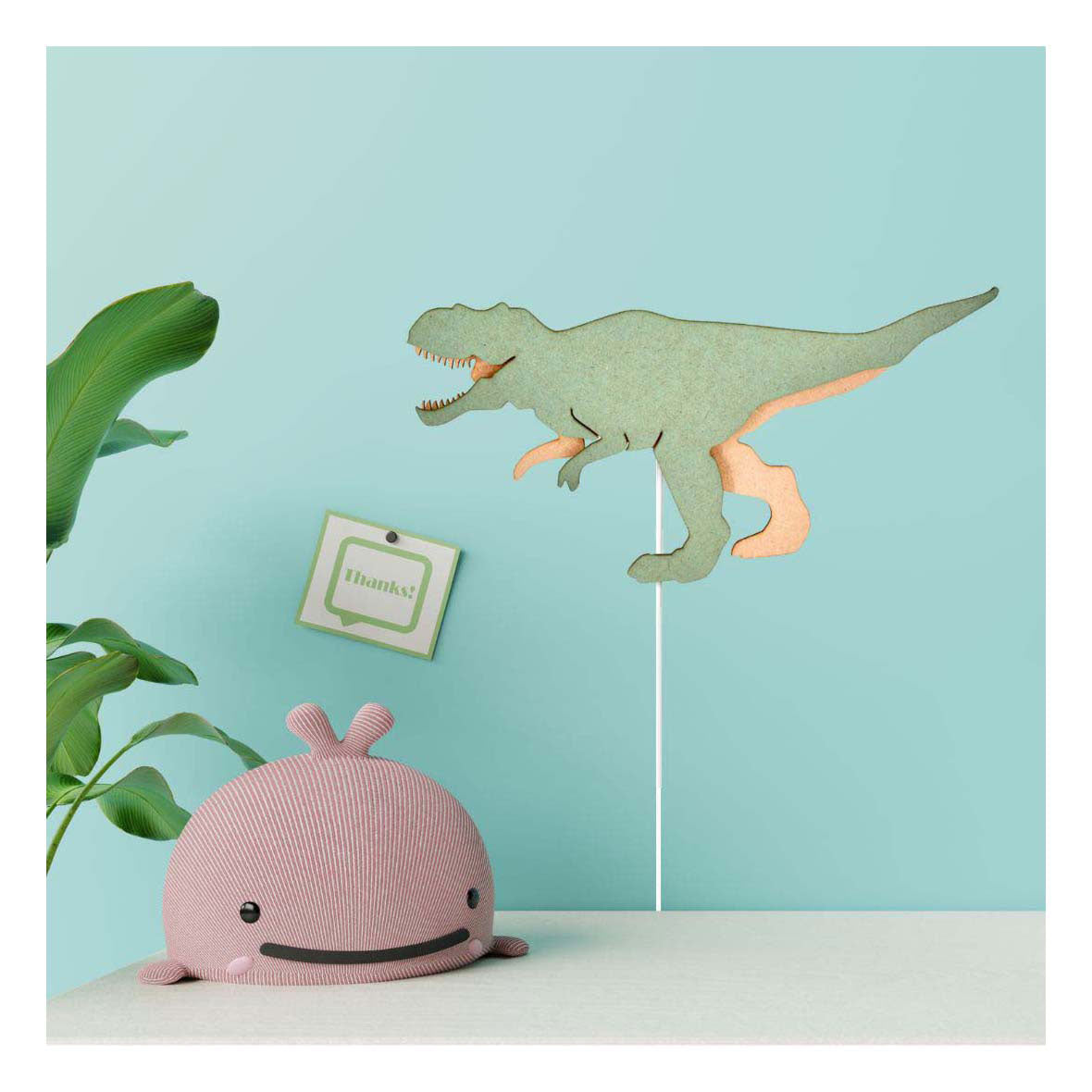 Aus Tjalle und Jaspis – Dino-Wandleuchte T-Rex – Holz