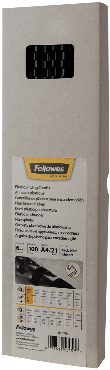 Packung mit 100 Binderücken, schwarz, 5345307, Fellowes, Kunststoff, A4, 6 mm