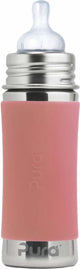 Pura Trinkflasche 325 ml – plastikfrei – Trinkflasche – verhindert Magenkrämpfe – spülmaschinenfest – inklusive Silikonsauger, Reiseverschluss und Sleeve – Oberteil austauschbar – vielseitig einsetzbar – Pink