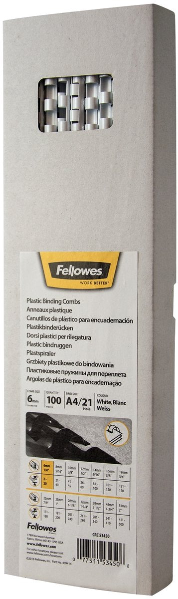 Fellowes Binderücken – 6 mm – 21 Ringe – A4 – Weiß – 100 Stück