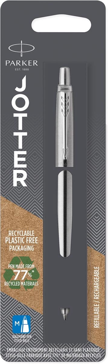 Parker Jotter-Kugelschreiber | Edelstahl mit Chromoberfläche | mittlerer Punkt | blaue Tinte
