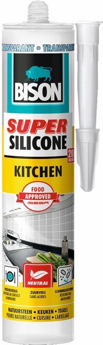 Bison Super Silikon Küche transparent Tube 300 ml, Silikondichtstoff, Küche, Fugen, hygienisch, verschleißfest und temperaturbeständig von -50°C bis +120°C