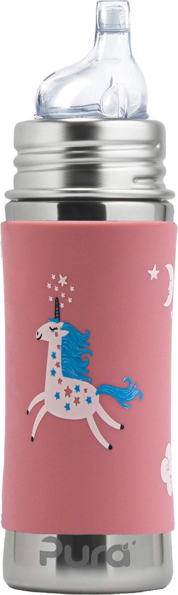 Pura Schnabelflasche 325 ml – Schnabelbecher – wächst mit – plastikfrei – spülmaschinenfest – inklusive Silikonschnabel, Reiseverschluss und Hülle – rosa Einhorn