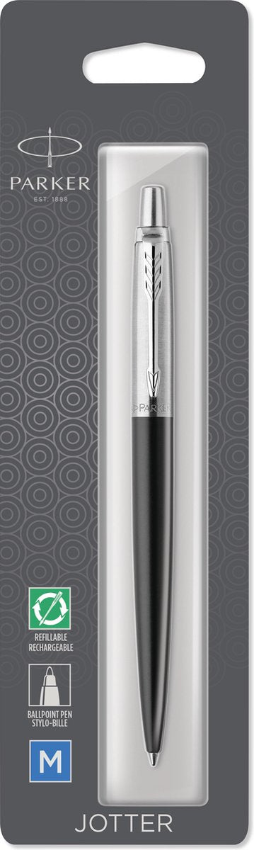 Parker Jotter Kugelschreiber | Bond Street Black mit Chromkante | Mittlere Spitze mit blauer Tinte