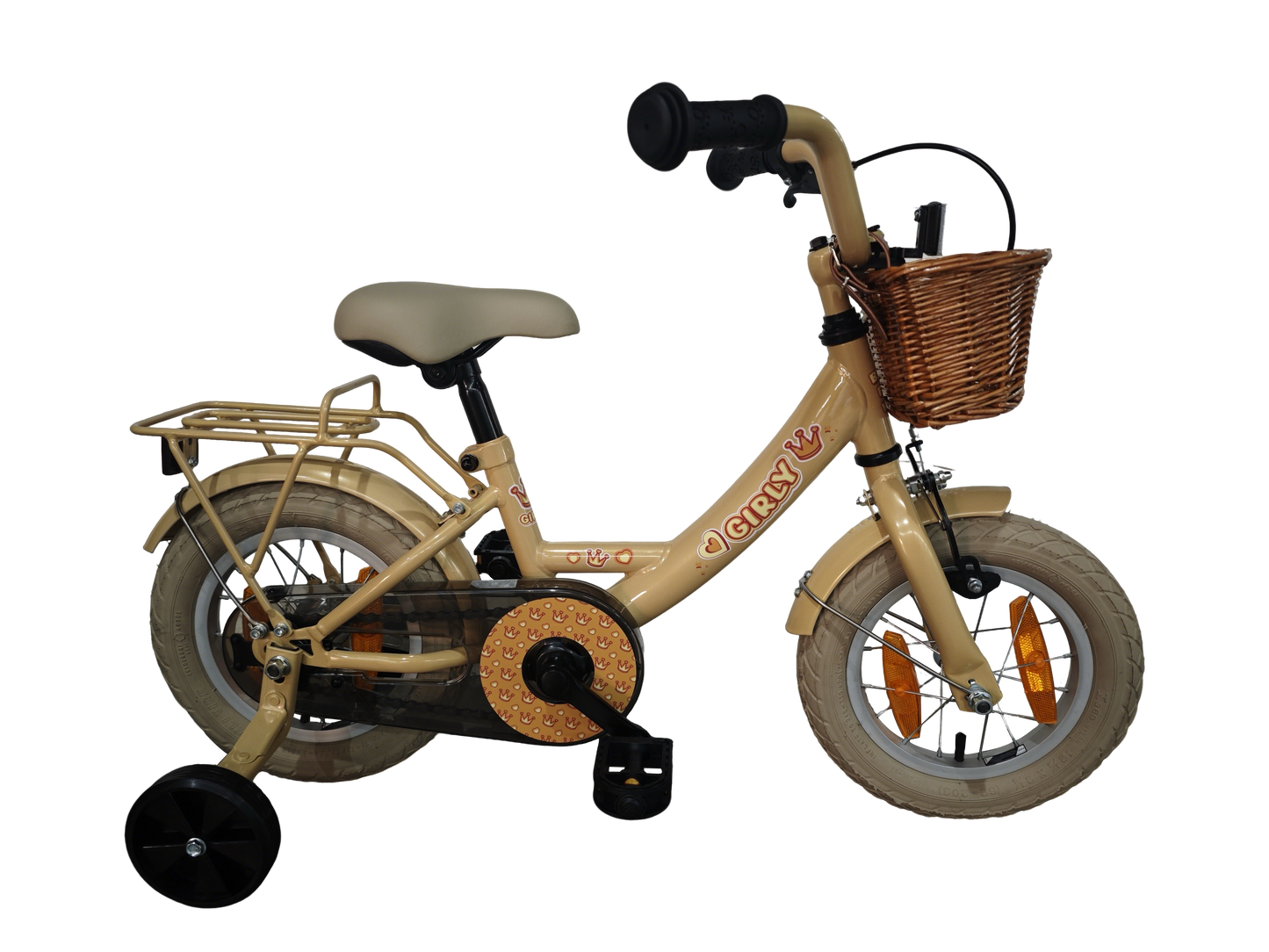 Bikefun Kinderfahrrad Girly 12 Zoll – mit Korb, Stützrädern und Bremsnabe – Gold