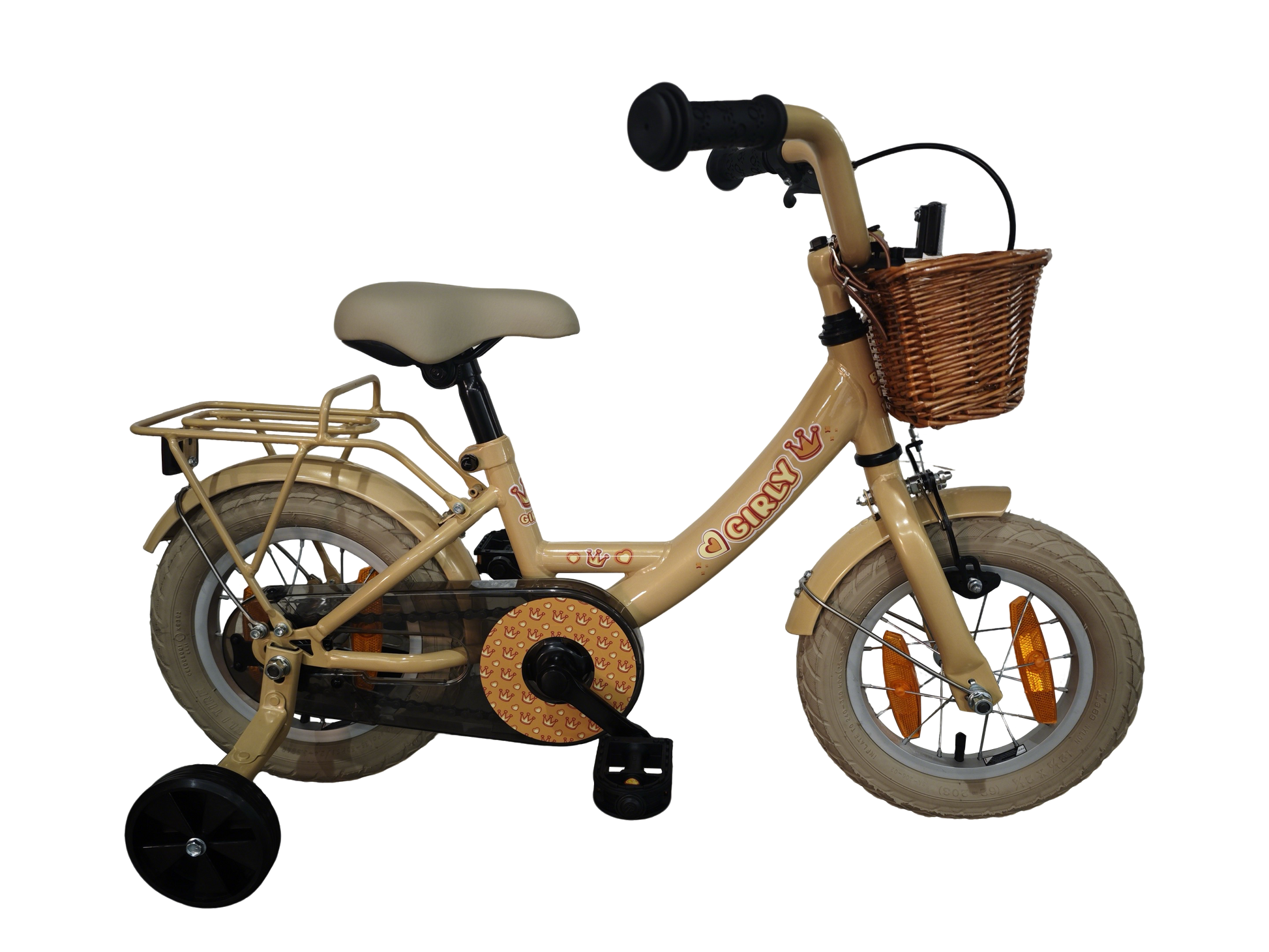 Bikefun Kinderfahrrad Girly 12 Zoll – mit Korb, Stützrädern und Bremsnabe – Gold