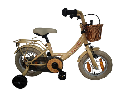 Bikefun Kinderfahrrad Girly 12 Zoll – mit Korb, Stützrädern und Bremsnabe – Gold