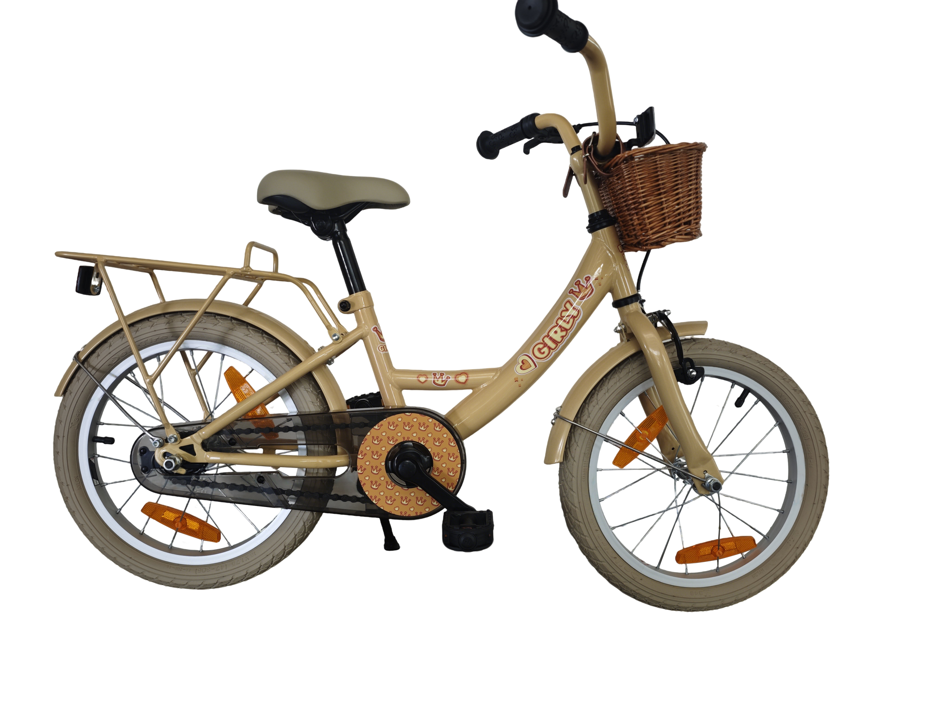 Bikefun Kinderfahrrad Girly 16 Zoll – mit Korb und Bremsnabe – Gold