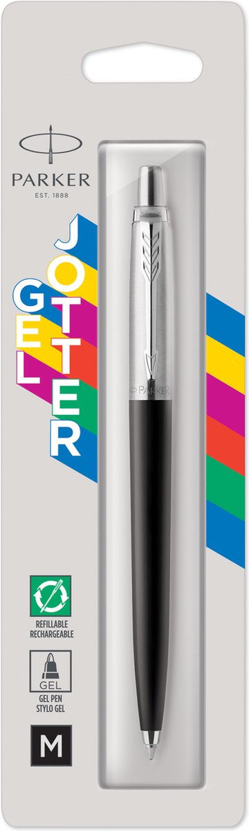 Parker Jotter Gelstift | Edelstahl und Schwarz | mittlere Spitze mit schwarzer Tinte (0,7 mm)