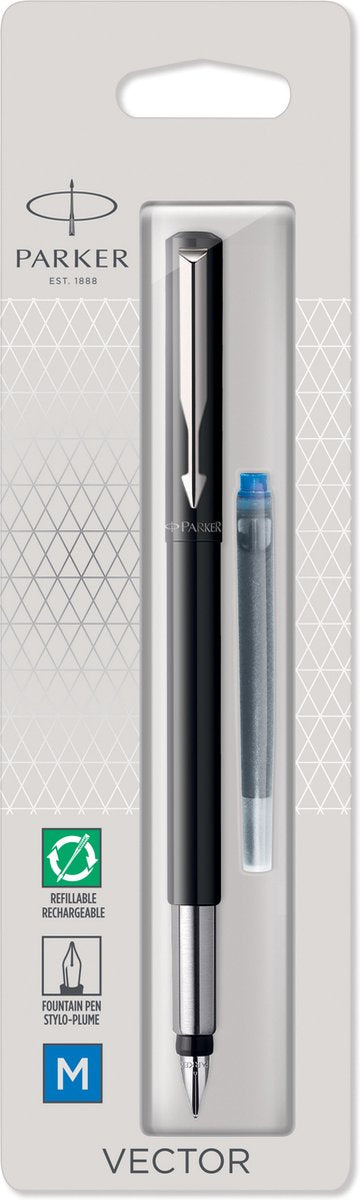 Parker Vektor-Füllfederhalter | schwarz mit Chrom-Finish | mittlerer Punkt | blaue Tinte | Aufhängelasche