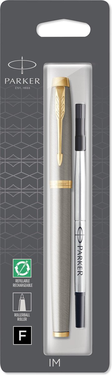 Parker im Tintenroller | gebürstetes Metall mit Goldfinish | feine Feder | schwarze Tinte