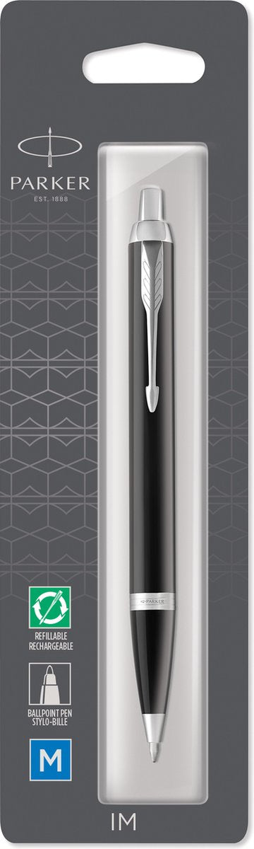 Parker im Kugelschreiber | schwarze Lackierung mit Chrom-Finish | Blaue Tinte mittlerer Spitze