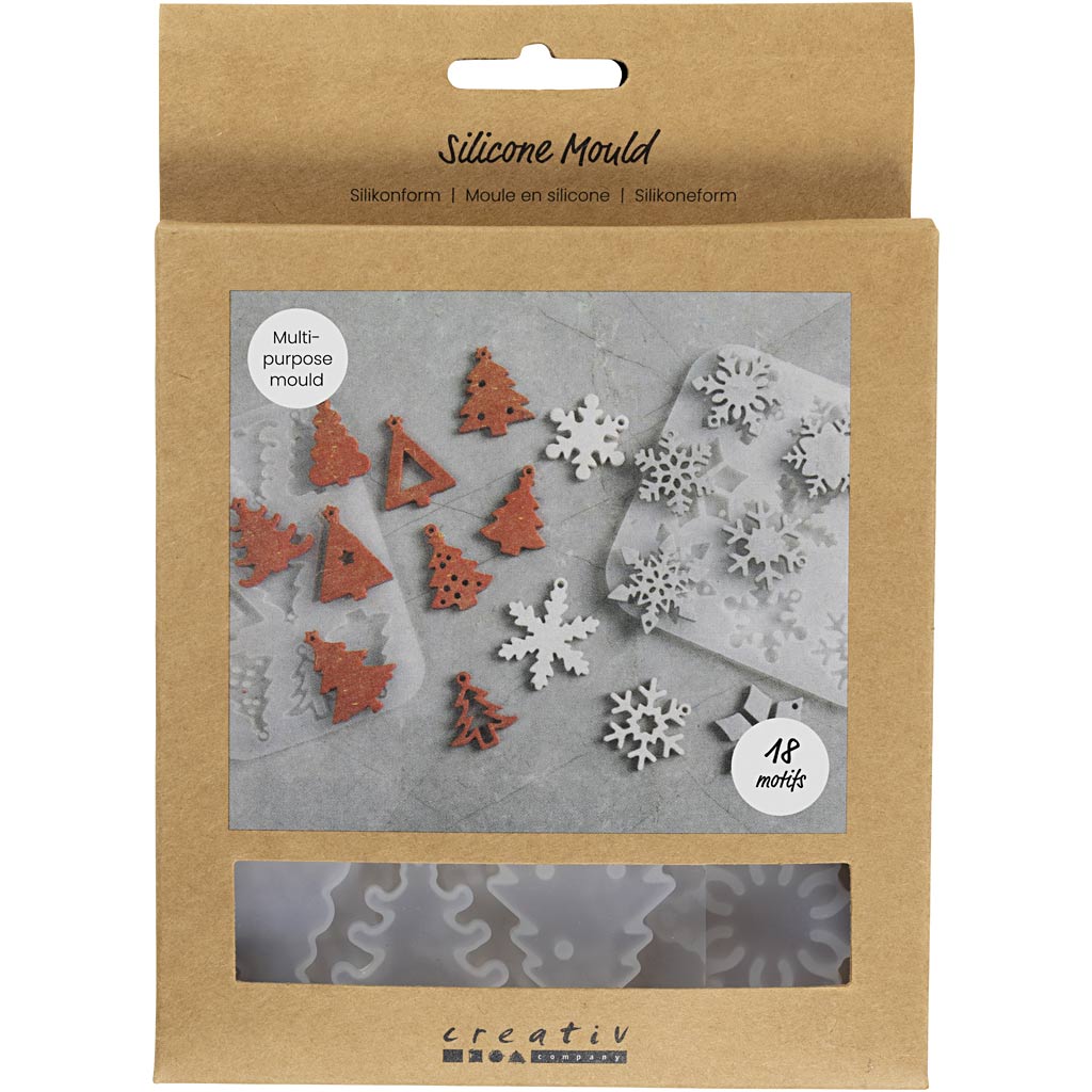 Creativ Company Silikonformen, Schneeflocken und Weihnachtsbäume, H: 0,3 cm, B: 3,5 + 4,7 cm, mit Loch zum Aufhängen, matt transparent, 2 Stück 1 Stück