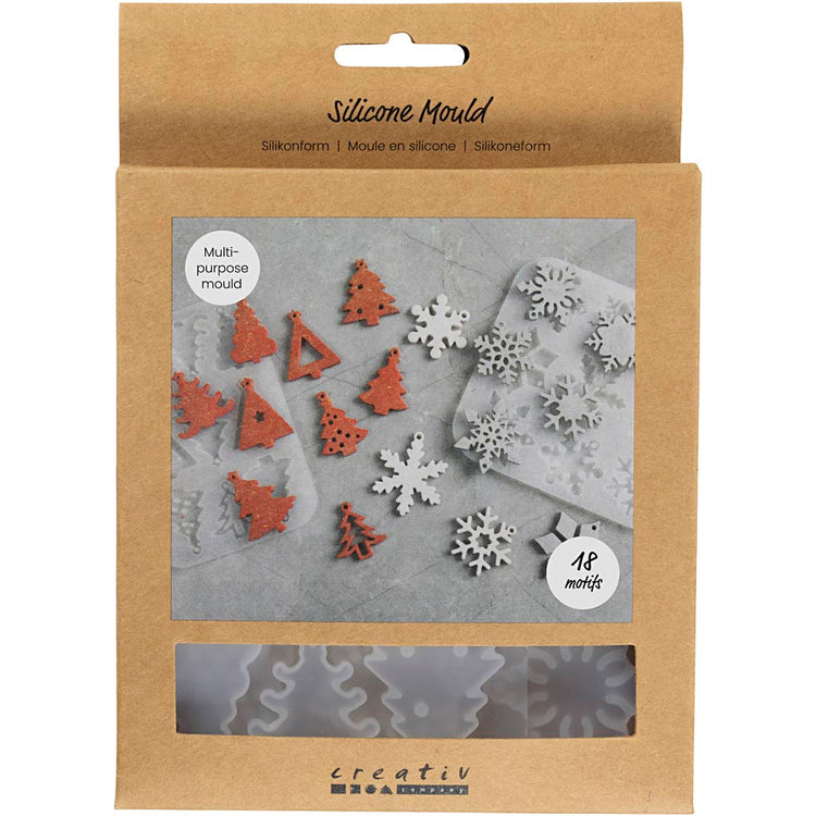 Creativ Company Silikonformen, Schneeflocken und Weihnachtsbäume, H: 0,3 cm, B: 3,5 + 4,7 cm, mit Loch zum Aufhängen, matt transparent, 2 Stück 1 Stück