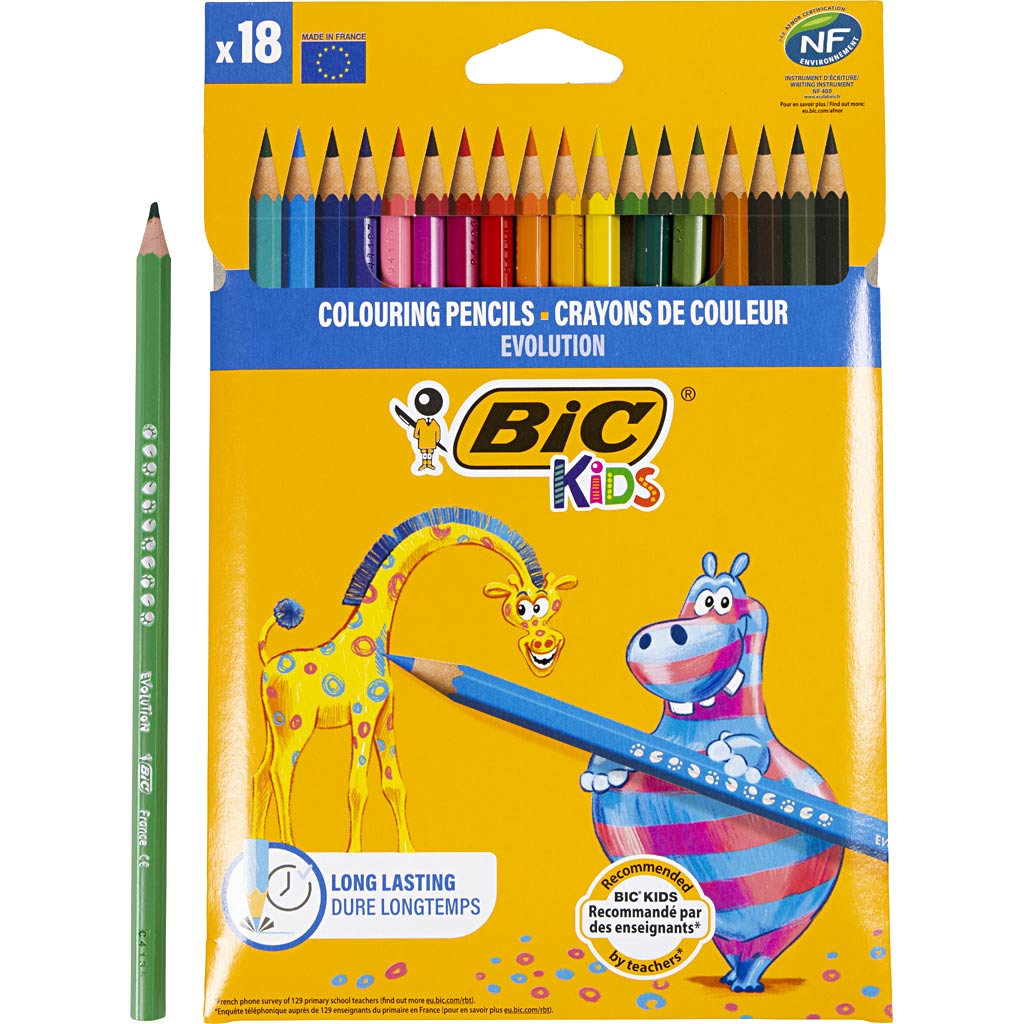 BIC Evolution farbige Bleistifte, sechseckell, L: 17,5 cm, Füllung 3 mm, verschiedene Farben, 18 Stück 1 Box