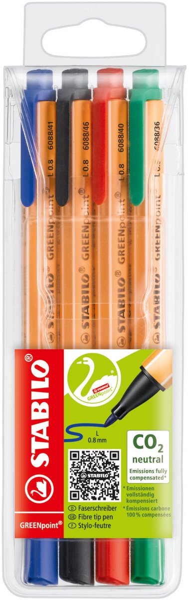 Stabilo Greenpoint – Hardtip Fineliner 0,8 mm – Nylonspitze – CO2-neutral – Etui mit 4 Farben
