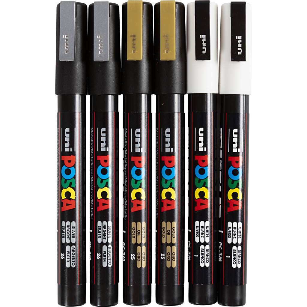 Uni-Posca-Posca-Marker, Größe PC-3 m, Strichbreite 0,9–1,3 mm, fein, Gold, Silber, Weiß, 6 Teile, 1 Box