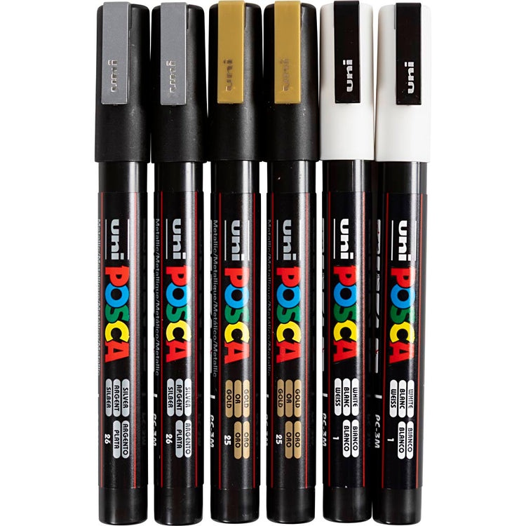 Uni-Posca-Posca-Marker, Größe PC-3 m, Strichbreite 0,9–1,3 mm, fein, Gold, Silber, Weiß, 6 Teile, 1 Box