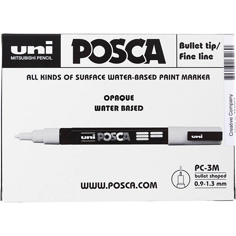 Uni-Posca-Posca-Marker, Größe PC-3 m, Strichbreite 0,9–1,3 mm, fein, Gold, Silber, Weiß, 6 Teile, 1 Box