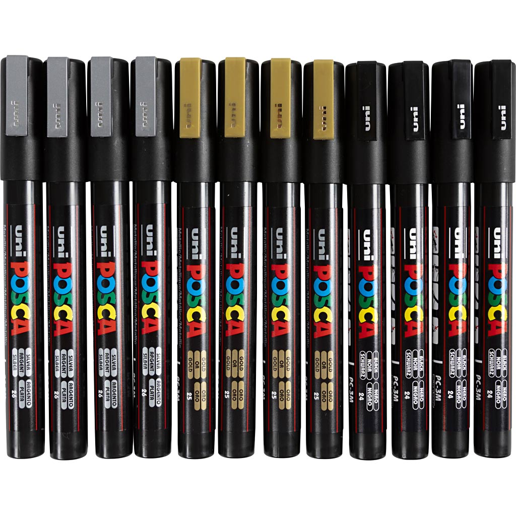 UNI-POSCA POSCA-Marker, AFM PC-3M, Leitungsdicke 0,9-1,3 mm, Fein, Schwarz, Gold, Silber, 12 Div 1 Box
