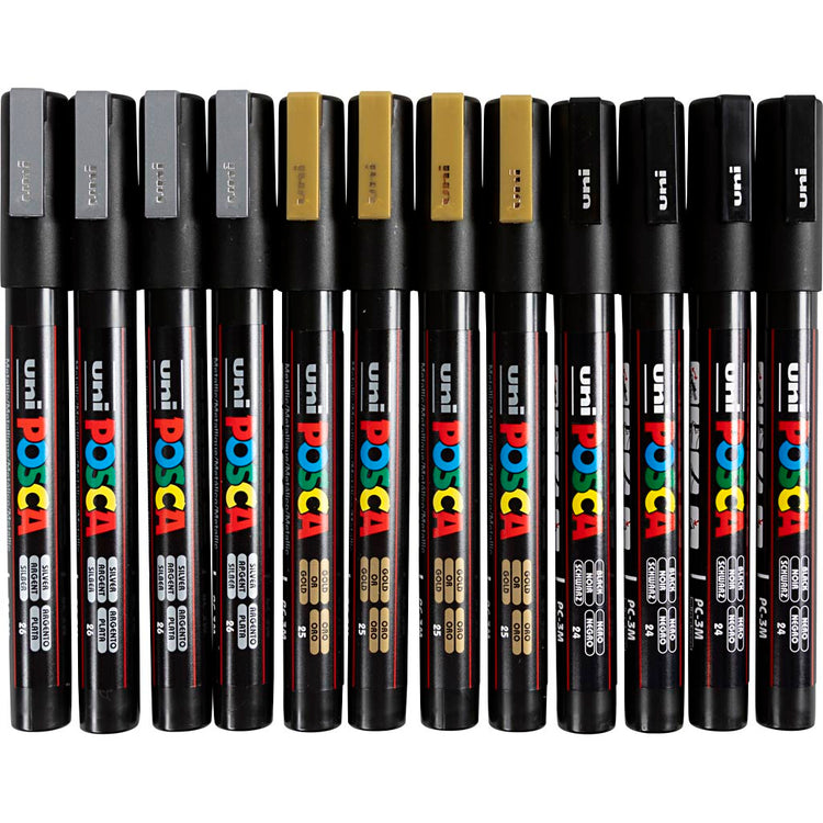 UNI-POSCA POSCA-Marker, AFM PC-3M, Leitungsdicke 0,9-1,3 mm, Fein, Schwarz, Gold, Silber, 12 Div 1 Box