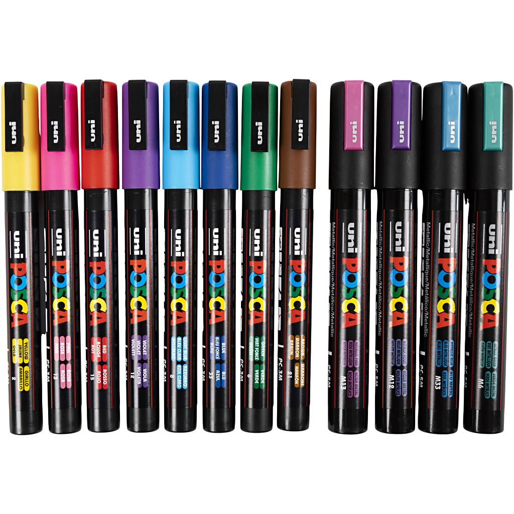 Uni-Posca-Posca-Marker, Größe PC-5m + PC-3m, Strichstärke 0,9-1,3 + 2,5 mm, verschiedene Farben, 12 Teile, 1 Box