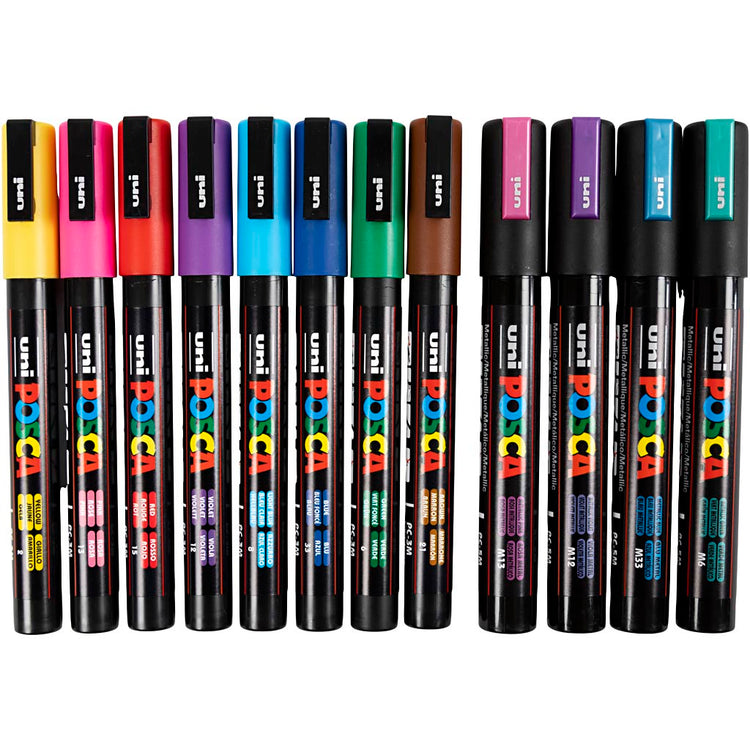 Uni-Posca-Posca-Marker, Größe PC-5m + PC-3m, Strichstärke 0,9-1,3 + 2,5 mm, verschiedene Farben, 12 Teile, 1 Box