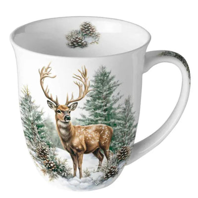 Ambiente Becher 400ml Winterhirsch aus weißem Porzellan Durchmesser 10x10,5cm