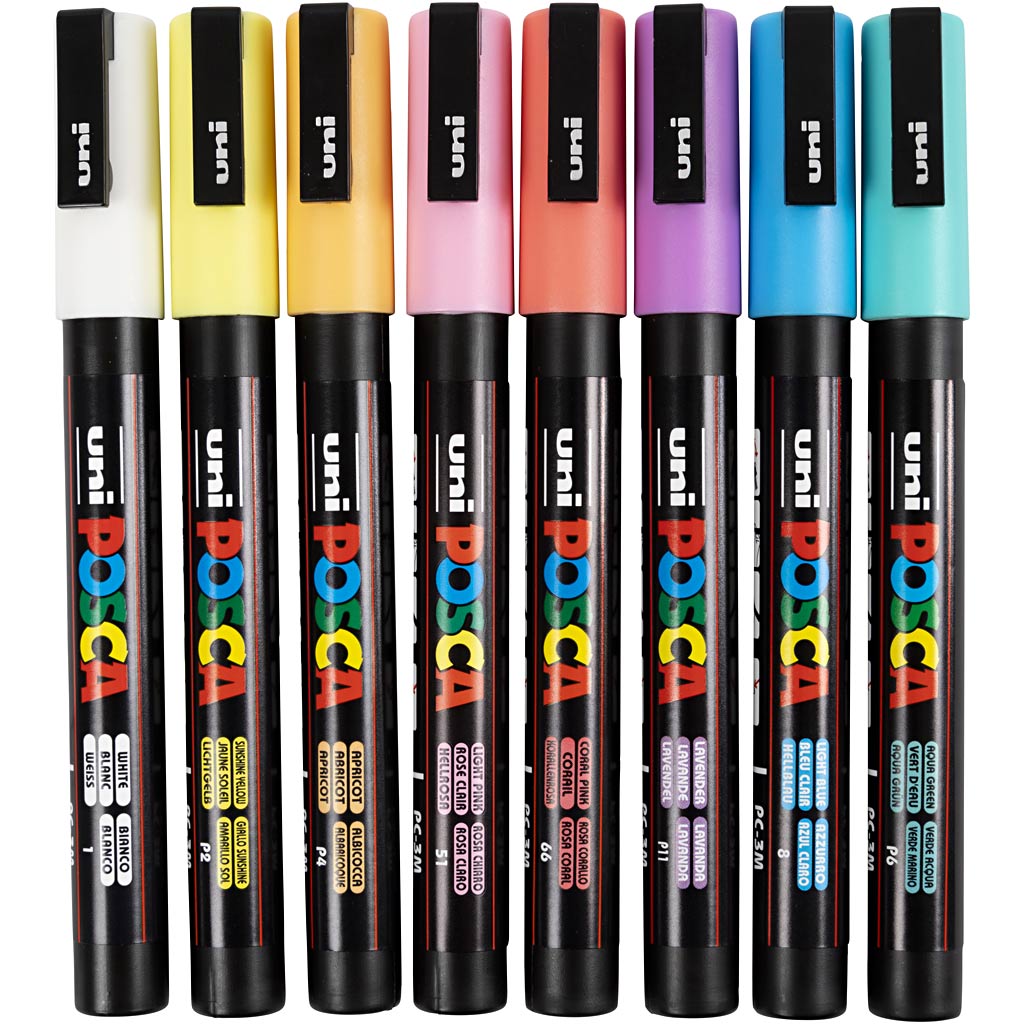 UNI-POSCA POSCA-Marker, AFM PC-3M, Liniendicke 0,9-1,3 mm, fein, verschiedene Farben, 8 Div 1 Box