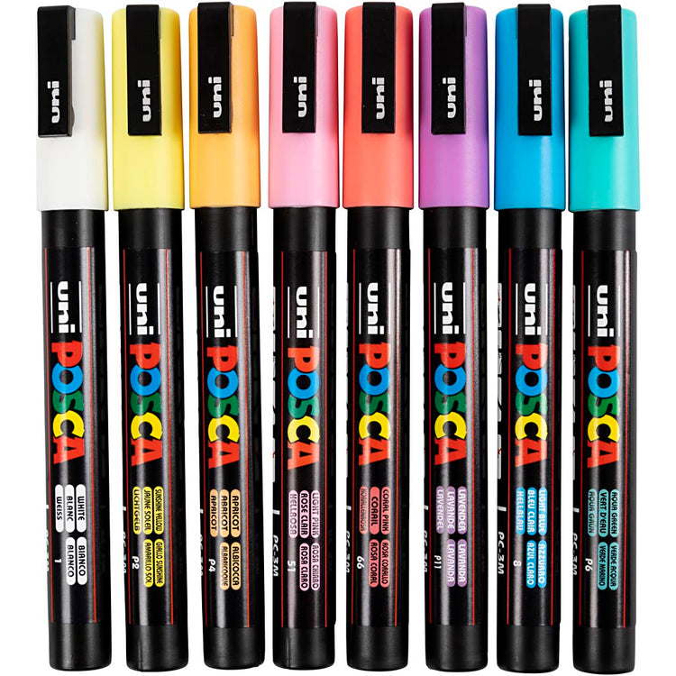 UNI-POSCA POSCA-Marker, AFM PC-3M, Liniendicke 0,9-1,3 mm, fein, verschiedene Farben, 8 Div 1 Box