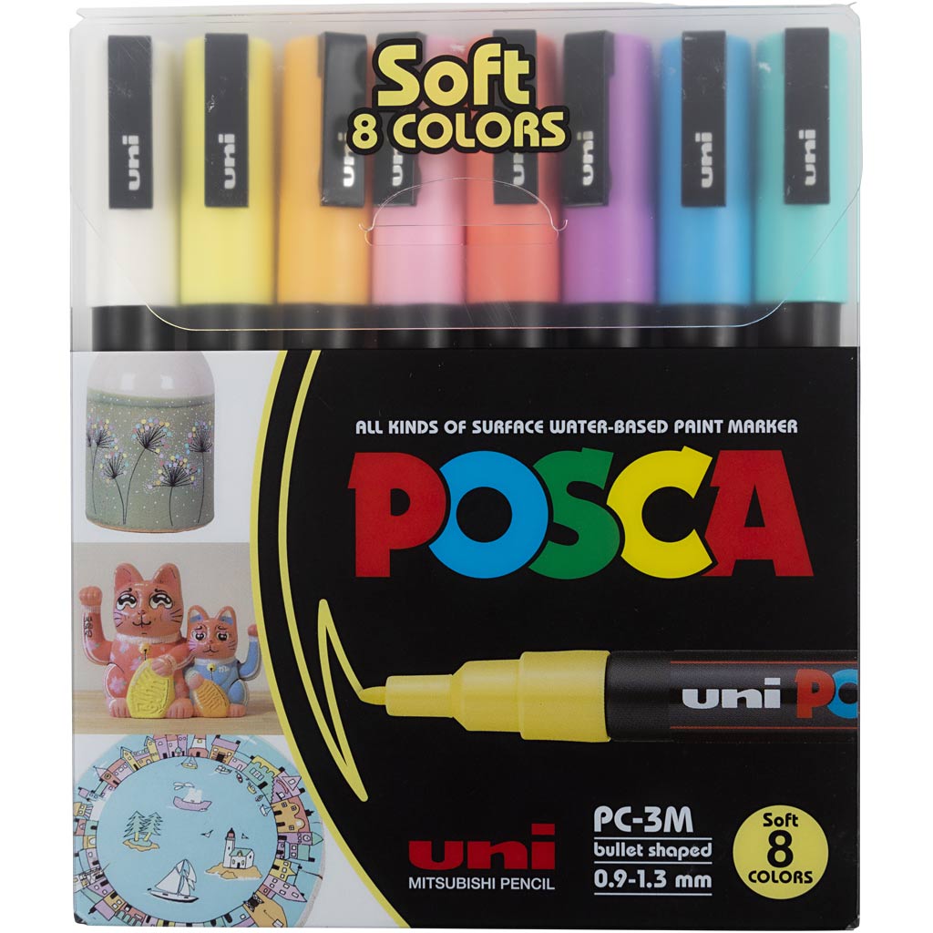 UNI-POSCA POSCA-Marker, AFM PC-3M, Liniendicke 0,9-1,3 mm, fein, verschiedene Farben, 8 Div 1 Box