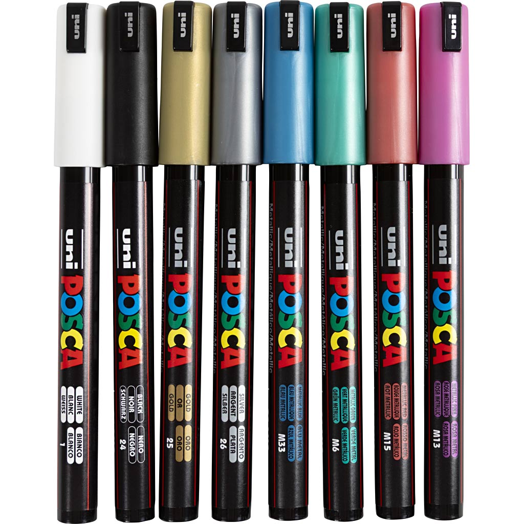 UNI-POSCA POSCA-Marker, AFM PC-1MR, Leitungsdicke 0,7 mm, extra feiner, metallische Farben, 8 Div 1 Box