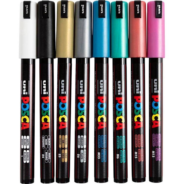 UNI-POSCA POSCA-Marker, AFM PC-1MR, Leitungsdicke 0,7 mm, extra feiner, metallische Farben, 8 Div 1 Box