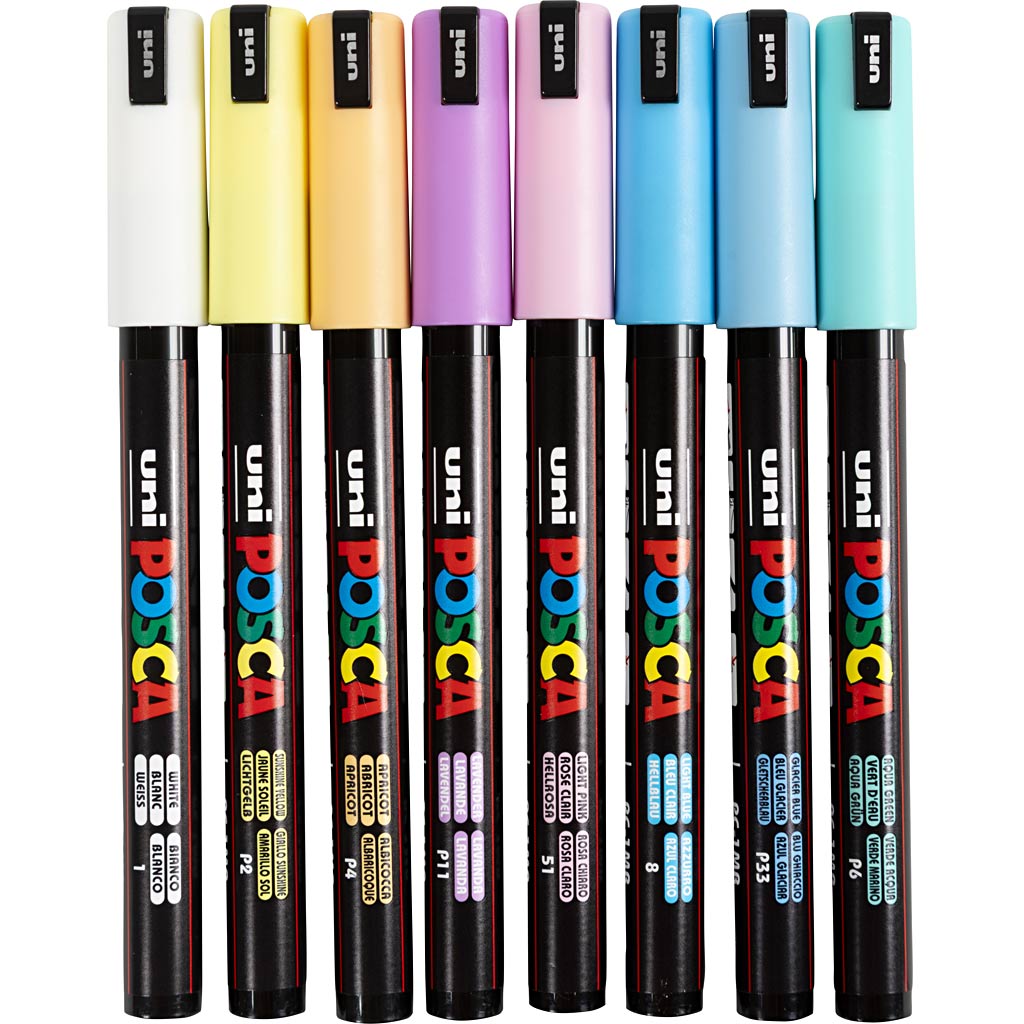 UNI-POSCA POSCA-Marker, AFM PC-1MR, Leitungsdicke 0,7 mm, Extra-Fine, verschiedene Farben, 8 Div 1 Box