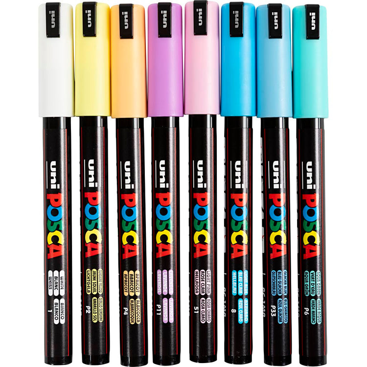 UNI-POSCA POSCA-Marker, AFM PC-1MR, Leitungsdicke 0,7 mm, Extra-Fine, verschiedene Farben, 8 Div 1 Box