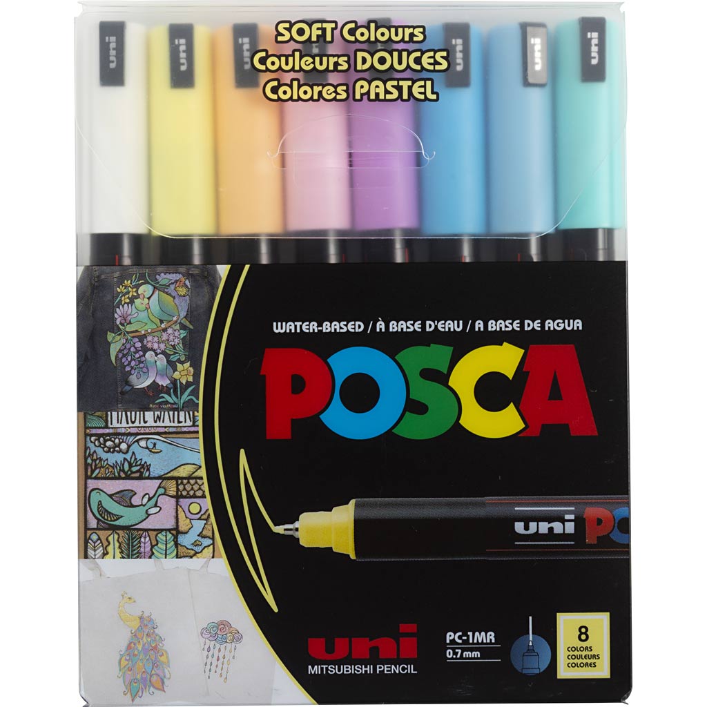 UNI-POSCA POSCA-Marker, AFM PC-1MR, Leitungsdicke 0,7 mm, Extra-Fine, verschiedene Farben, 8 Div 1 Box
