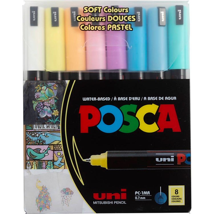UNI-POSCA POSCA-Marker, AFM PC-1MR, Leitungsdicke 0,7 mm, Extra-Fine, verschiedene Farben, 8 Div 1 Box