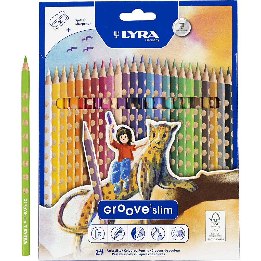 Lyra Groove dünne farbige Bleistifte, L: 18 cm, 3,3 mm, verschiedene Farben, 24 Stück 1 Box